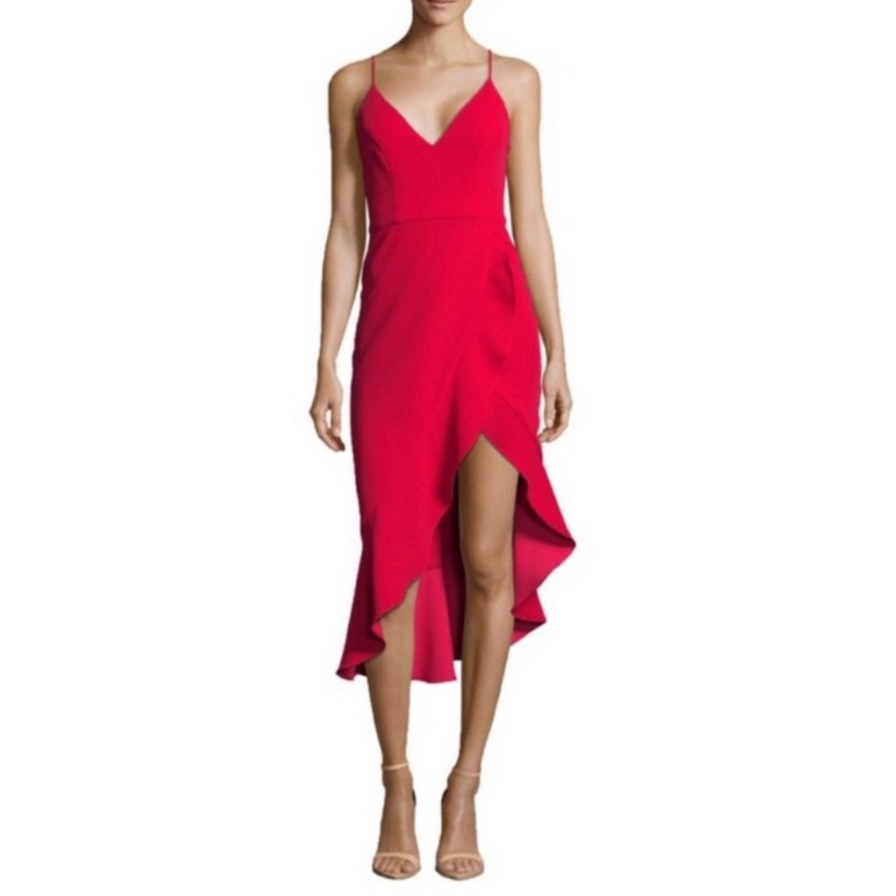 Xscape Red Ruffle High-Low Midi Dress, size 2